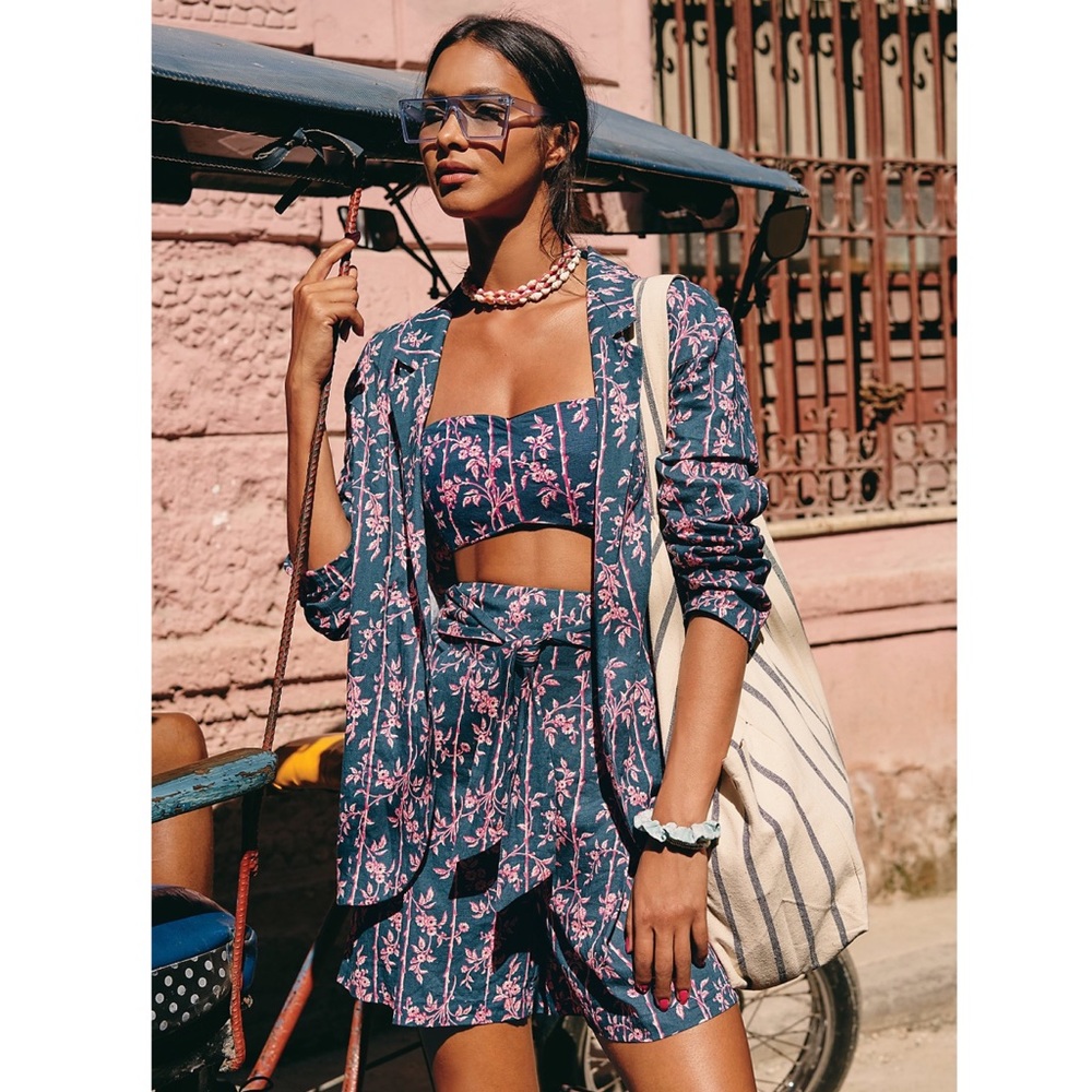 Free People Blue and Pink Floral High Waist Shorts
